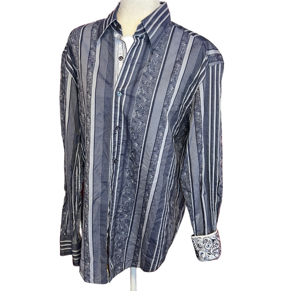 Robert Graham Men's Striped Gray Shirt Flip Cuffs Paisley Large